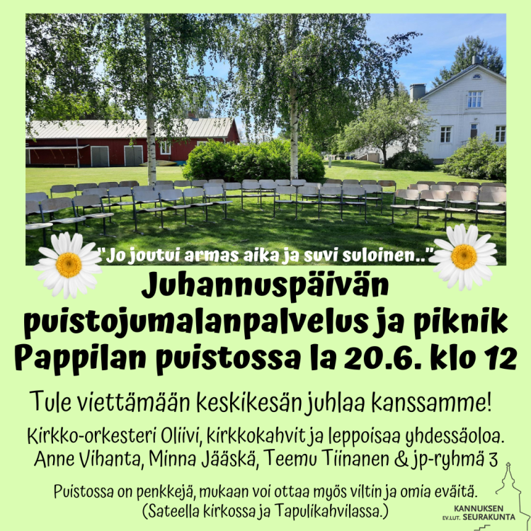 Juhannuspäivän puistojumalanpalvelus ja piknik 20.6. klo 12 Pappilan puistossa 