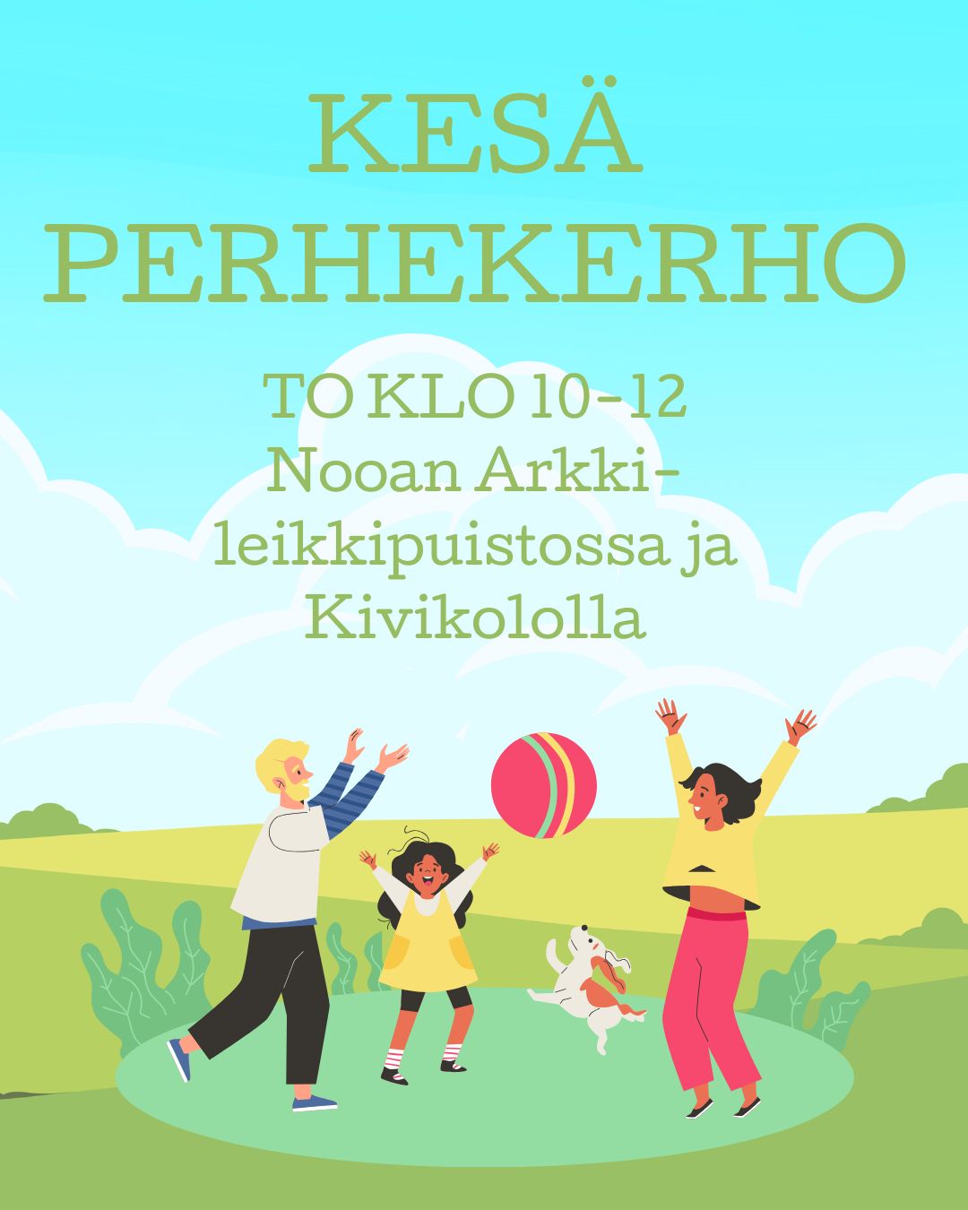 Perhe leikkii kesäisessä maisemassa
