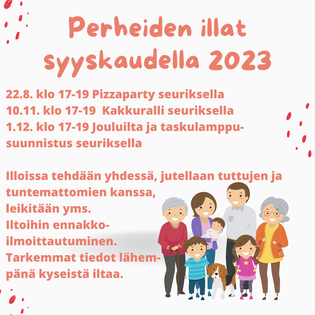 Perhe, jossa lapsia, vanhemmat ja isovanhempia.