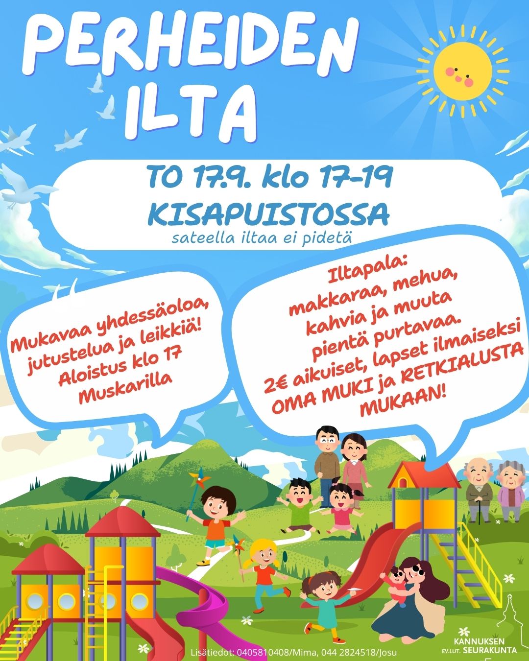 Leikkipuisto, jossa lapsia ja aikuisia