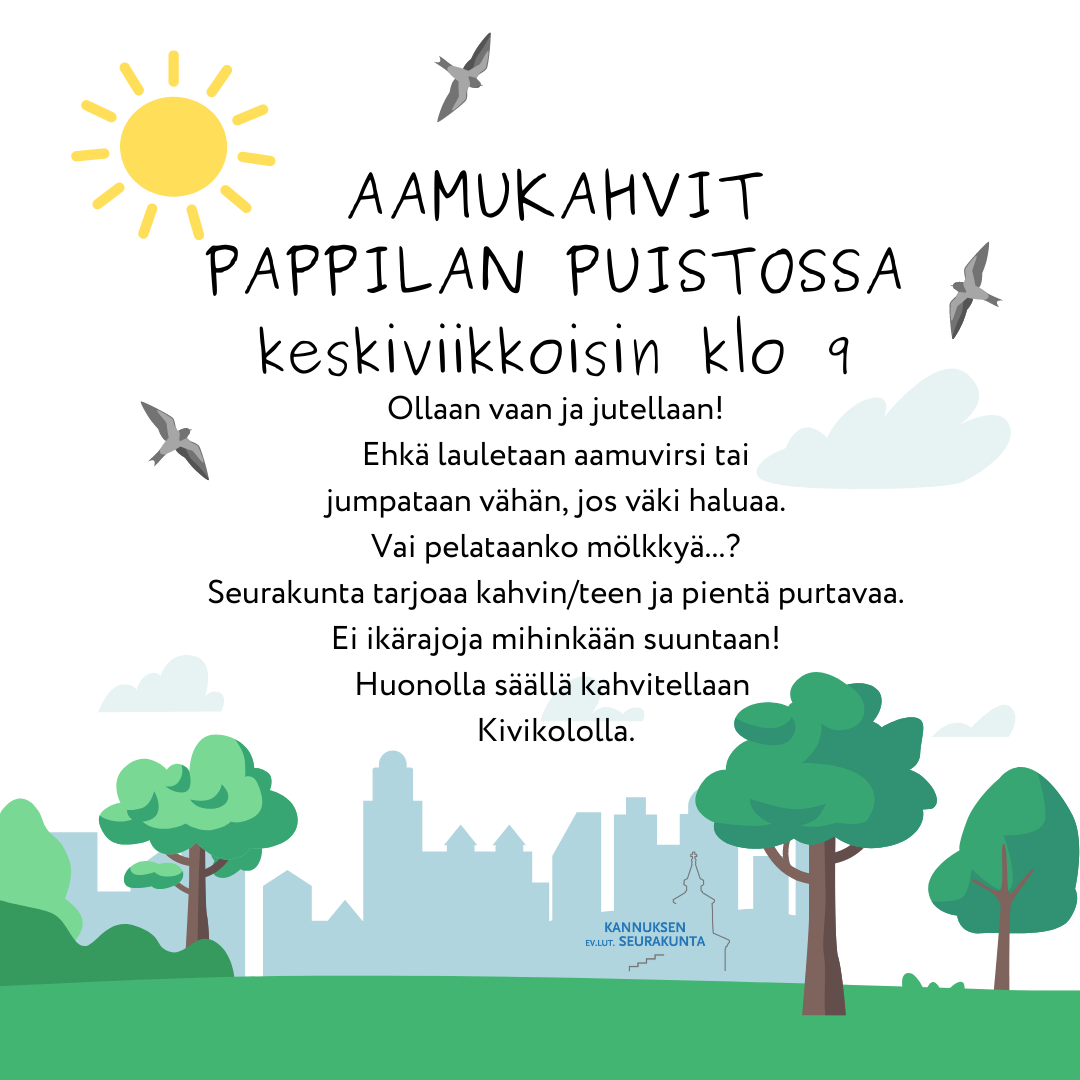 Tapahtuman mainos, jossa piirroskuva puistosta.