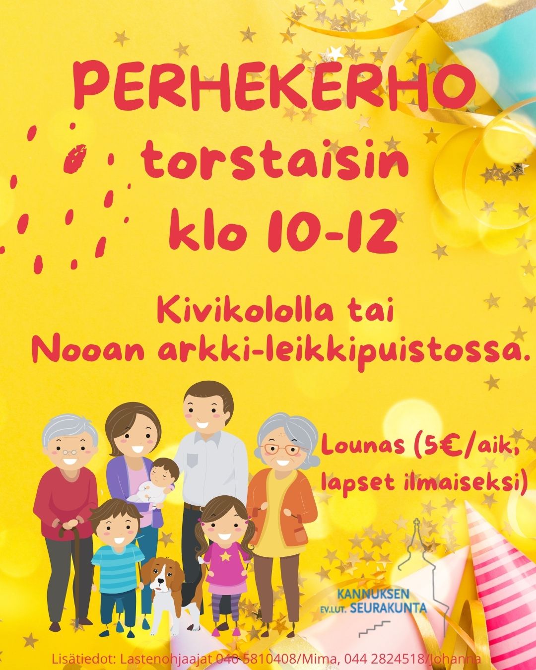 Keltainen tausta, jossa tekstiä ja kuva perheestä