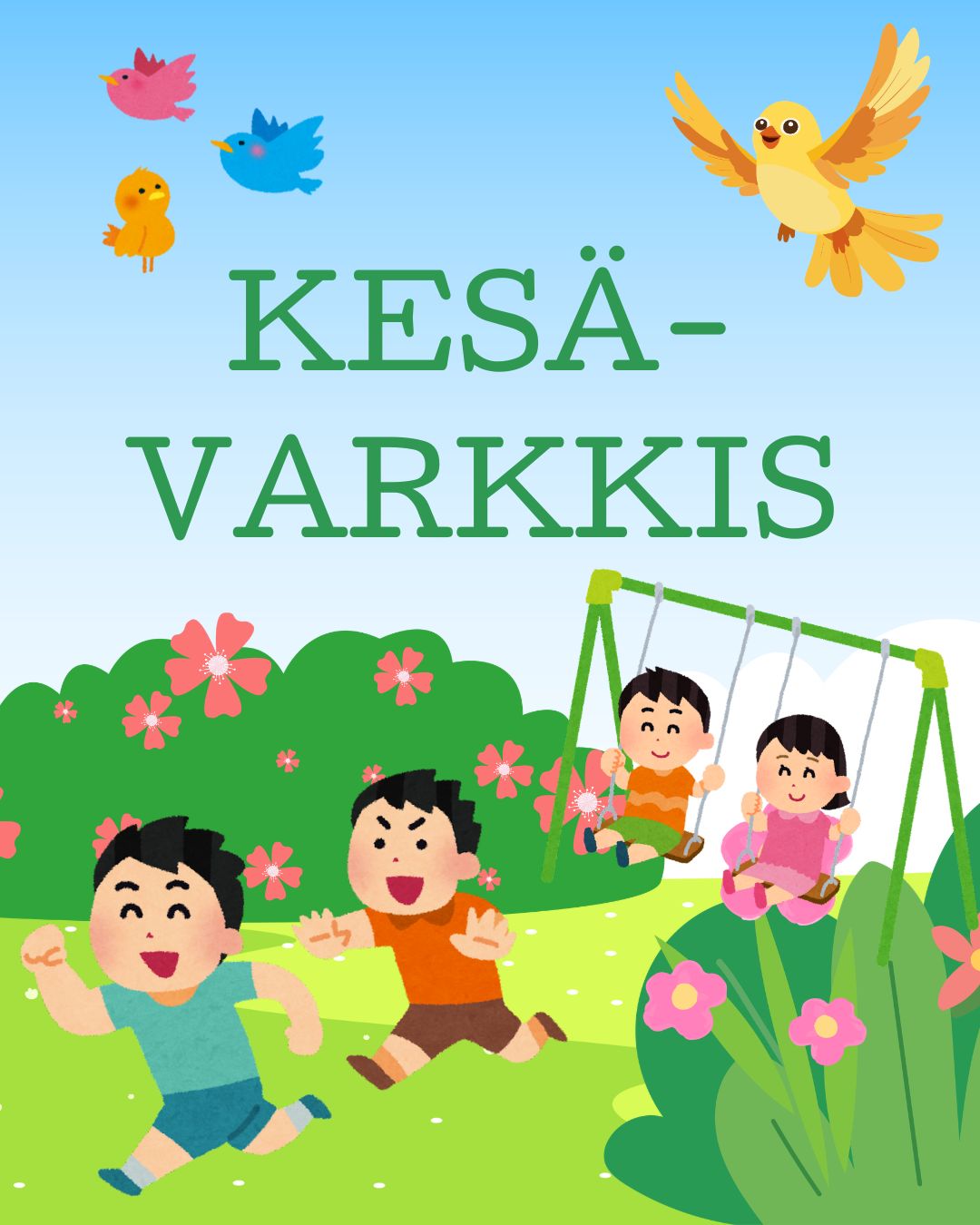 Leikkiviä lapsia kesäisessä maisemassa